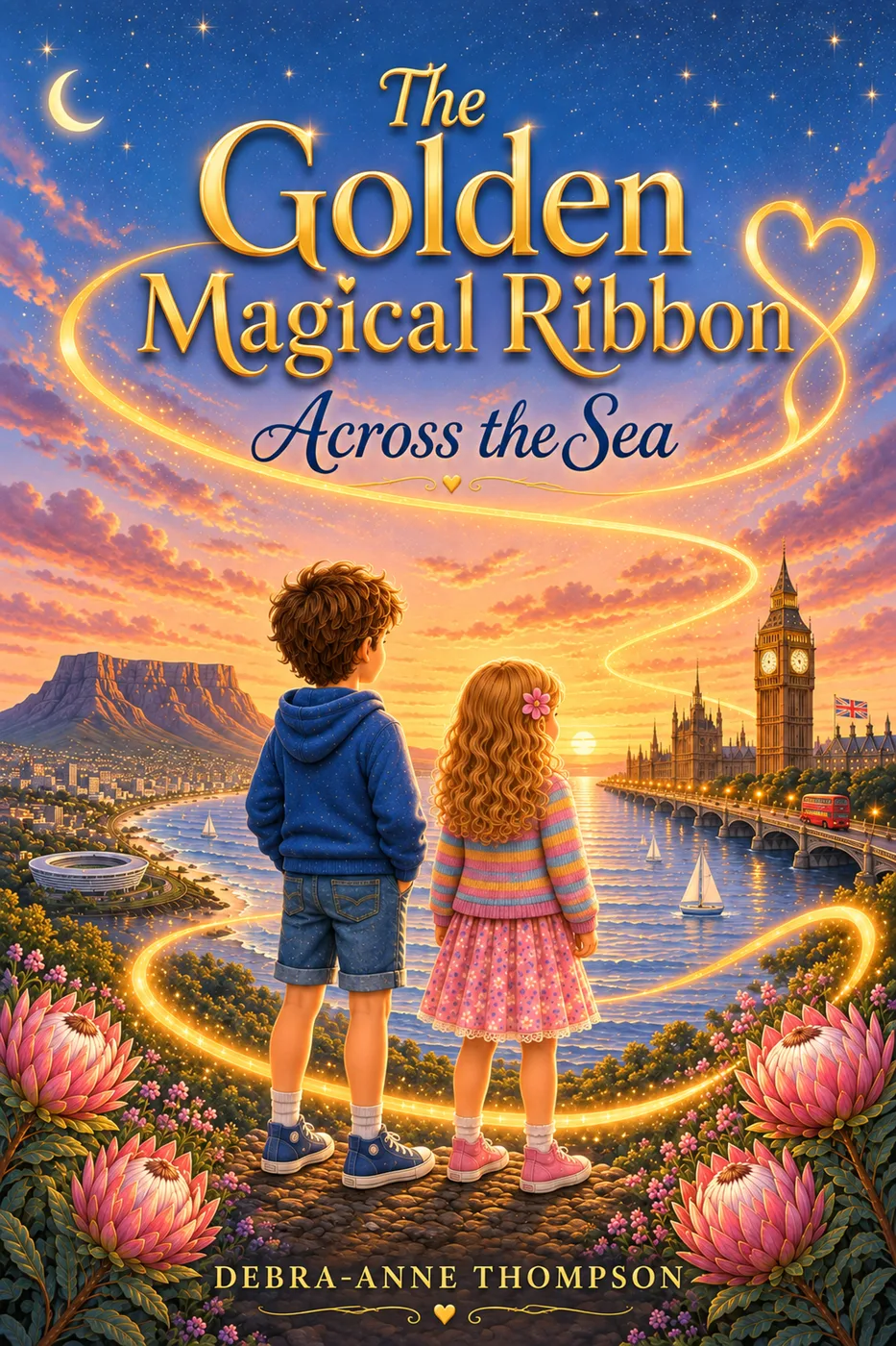 Cover of The Golden Magical Ribbon: Across the Sea, showing two children looking out over the water from Table Mountain towards Big Ben, with a golden ribbon looping across the sky
