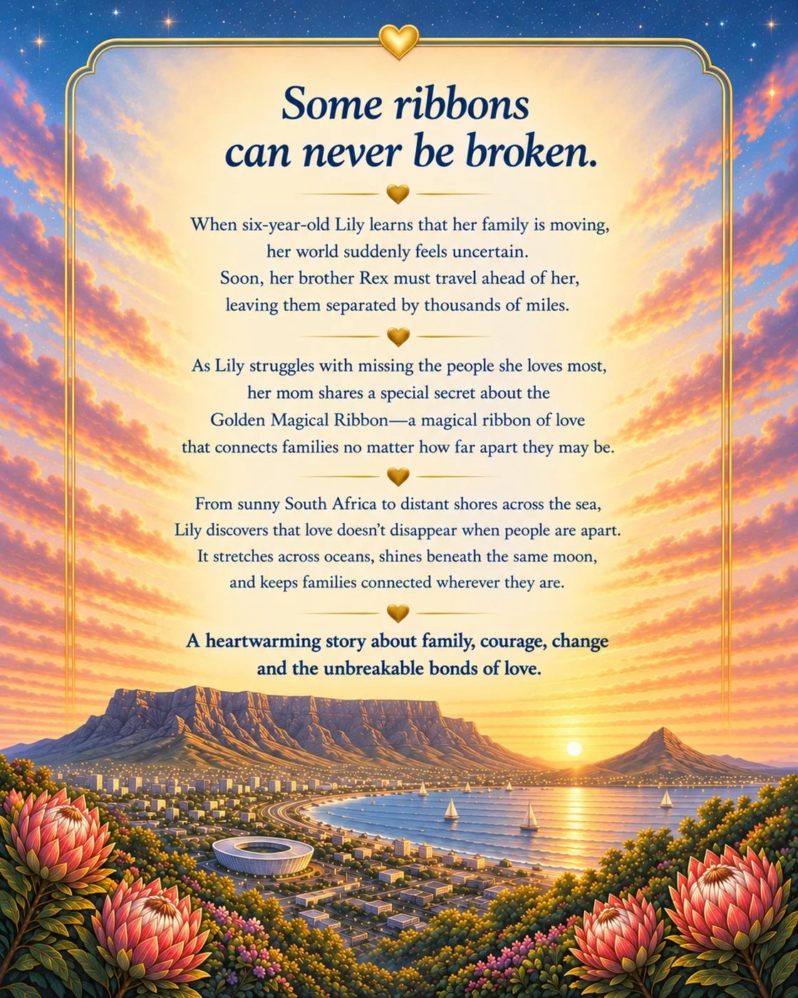 Back cover of Across the Sea headed Some ribbons can never be broken, with the story blurb over a view of Cape Town and Table Mountain